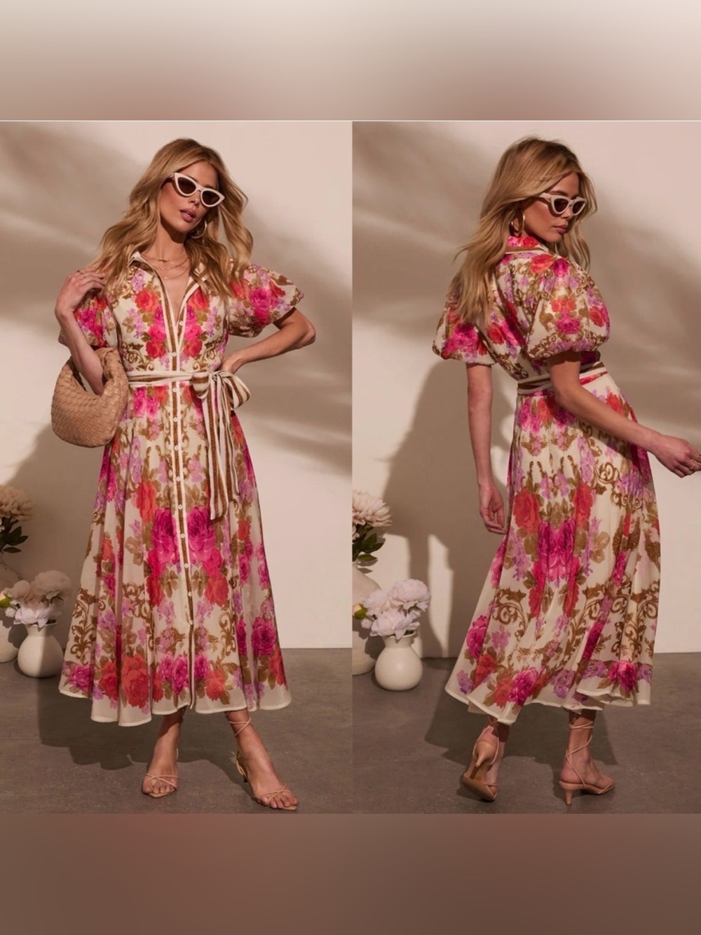 VICI Meadowlane Floral Waist Tie Puff Sleeve Midi Dress XL NWT cocktail resort